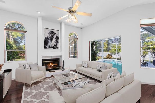 Fireplace, Interior, Living room, Recessed Lighting, Wood Texture Flooring
