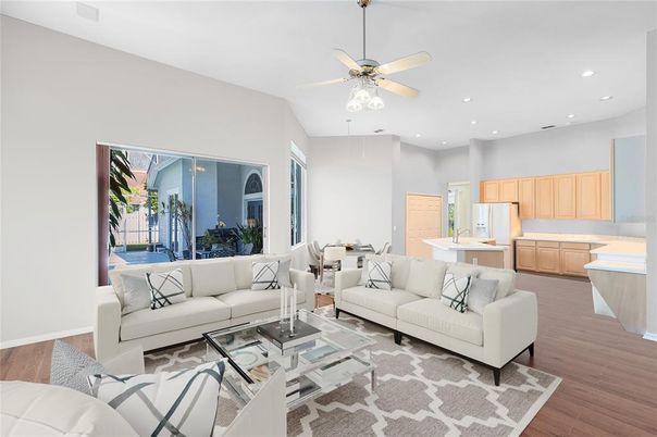 Interior, Kitchen, Living room, Recessed Lighting, Wood Texture Flooring