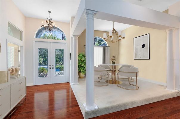 Chandelier, Dining room, Interior, Wood Texture Flooring