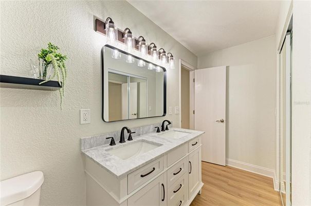 Bathroom, Dual Sink Vanities, Interior, Wood Texture Flooring