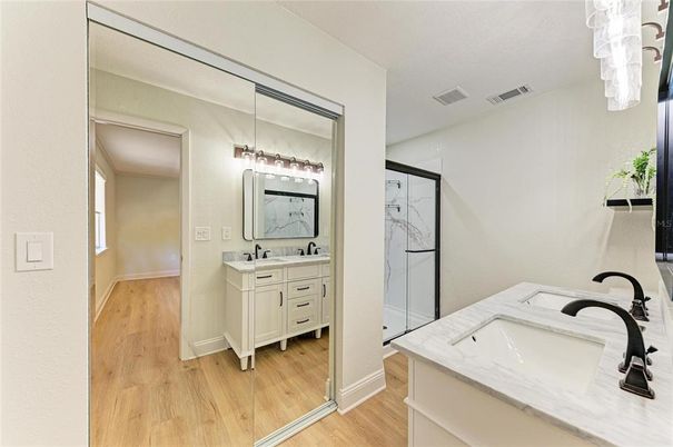 Bathroom, Dual Sink Vanities, Interior, Wood Texture Flooring