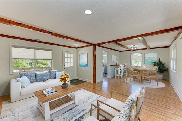 Dining room, Interior, Living room, Recessed Lighting, Wooden Beams, Wood Texture Flooring