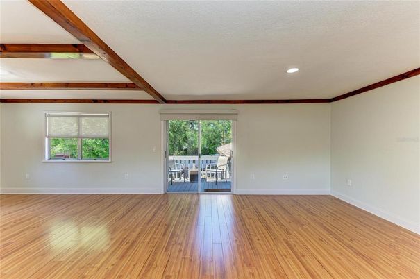 Empty room, Interior, Recessed Lighting, Wooden Beams, Wood Texture Flooring