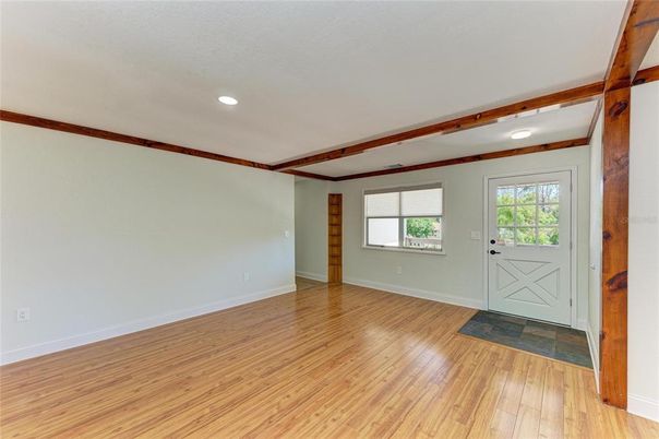 Empty room, Interior, Recessed Lighting, Wooden Beams, Wood Texture Flooring
