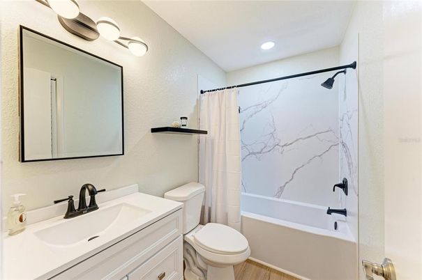 Bathroom, Interior, Marble Walls, Recessed Lighting, Wood Texture Flooring