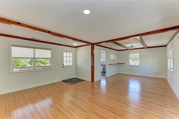 Empty room, Interior, Recessed Lighting, Wooden Beams, Wood Texture Flooring