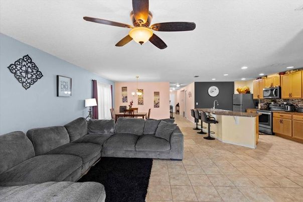 Chandelier, Dining room, Interior, Kitchen, Living room, Pendant Lights, Recessed Lighting, Stainless Steel Appliances