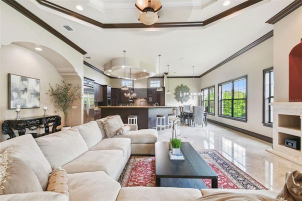 Dining room, Fireplace, Interior, Kitchen, Living room, Pendant Lights, Recessed Lighting, Stainless Steel Appliances