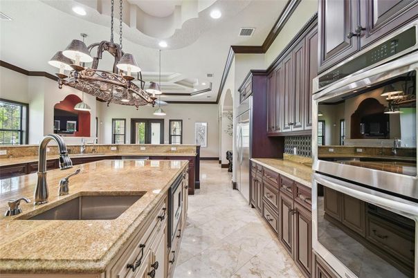 Chandelier, Interior, Kitchen, Pendant Lights, Recessed Lighting, Stainless Steel Appliances