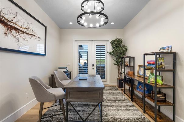 Home Office, Interior, Pendant Lights, Recessed Lighting, Wood Texture Flooring