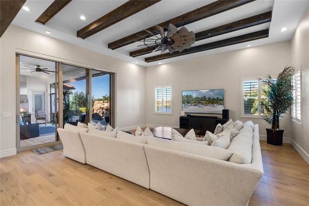 Interior, Living room, Recessed Lighting, Wooden Beams, Wood Texture Flooring