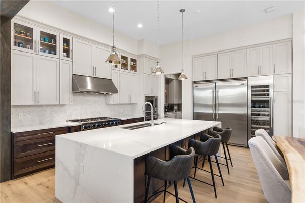 Interior, Kitchen, Pendant Lights, Recessed Lighting, Stainless Steel Appliances, Wood Texture Flooring
