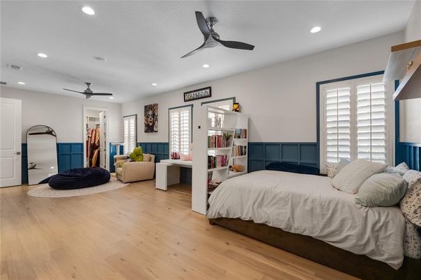Bedroom, Interior, Recessed Lighting, Wood Texture Flooring