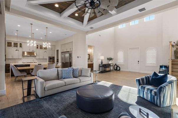 Dining room, Interior, Kitchen, Living room, Pendant Lights, Recessed Lighting, Stainless Steel Appliances, Wooden Ceilings, Wood Texture Flooring