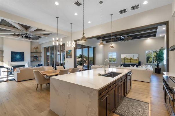 Dining room, Fireplace, Interior, Kitchen, Living room, Pendant Lights, Recessed Lighting, Wood Texture Flooring