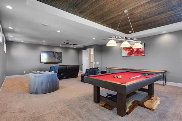 Billiard Table, Game Room, Interior, Pendant Lights, Recessed Lighting, Wooden Ceilings