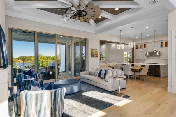 Dining room, Interior, Kitchen, Living room, Pendant Lights, Recessed Lighting, Stainless Steel Appliances, Wooden Ceilings, Wood Texture Flooring