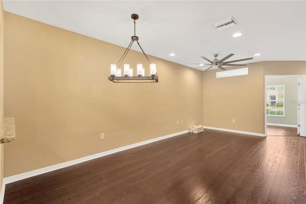 Empty room, Interior, Pendant Lights, Recessed Lighting, Wood Texture Flooring