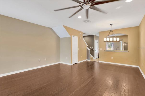Chandelier, Empty room, Interior, Pendant Lights, Recessed Lighting, Wood Texture Flooring