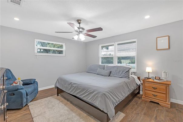 Bedroom, Interior, Recessed Lighting, Wood Texture Flooring