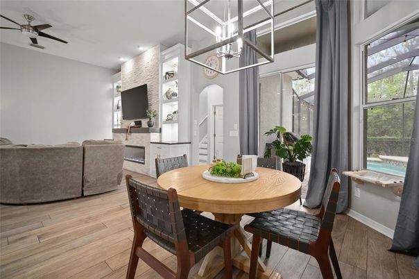 Dining room, Interior, Living room, Pendant Lights, Recessed Lighting, Wood Texture Flooring