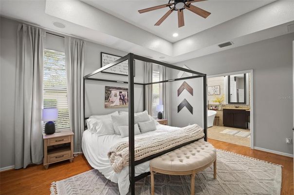 Bedroom, Interior, Recessed Lighting, Wood Texture Flooring