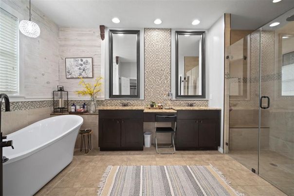 Bathroom, Dual Sink Vanities, Free Standing Baths, Glass Shower, Interior, Pendant Lights, Recessed Lighting