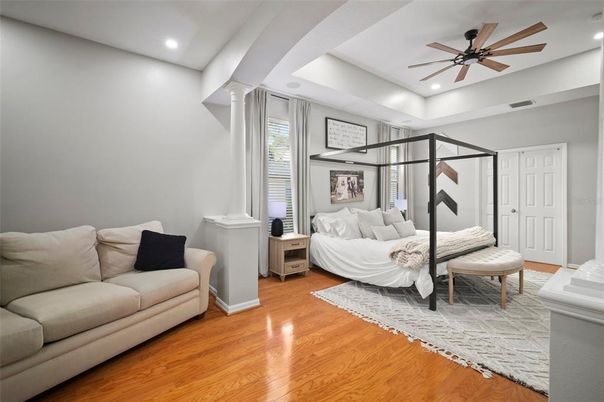 Bedroom, Interior, Recessed Lighting, Wood Texture Flooring