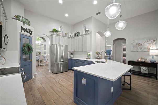 Interior, Kitchen, Pendant Lights, Recessed Lighting, Stainless Steel Appliances, Wood Texture Flooring