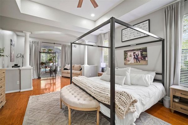 Bedroom, Interior, Recessed Lighting, Wood Texture Flooring