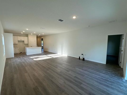 Empty room, Interior, Kitchen, Recessed Lighting, Wood Texture Flooring