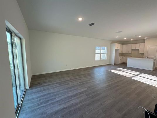 Empty room, Interior, Kitchen, Recessed Lighting, Wood Texture Flooring