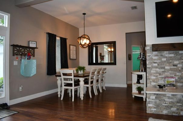 Dining room, Fireplace, Interior, Pendant Lights, Stone Walls, Wood Texture Flooring