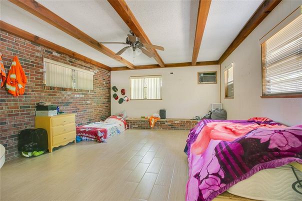 Bedroom, Interior, Stone Walls, Wooden Beams, Wood Texture Flooring