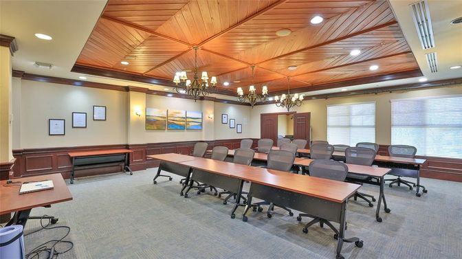 Chandelier, Home Office, Interior, Recessed Lighting, Wooden Ceilings