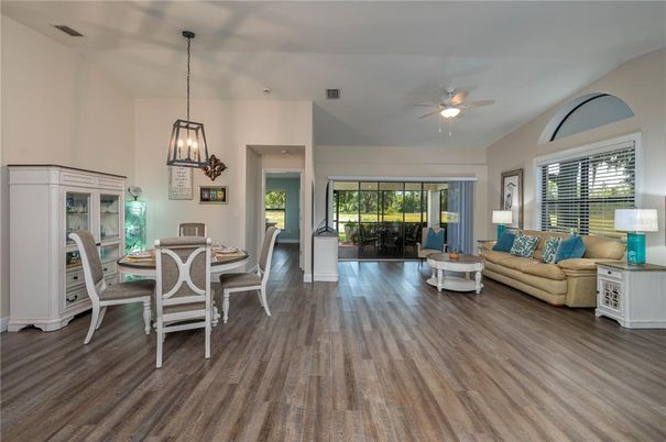 Dining room, Interior, Living room, Pendant Lights, Wood Texture Flooring