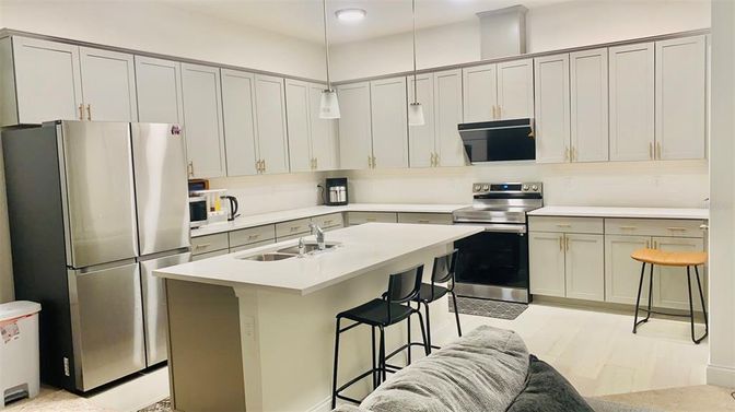 Interior, Kitchen, Pendant Lights, Recessed Lighting, Stainless Steel Appliances, Wood Texture Flooring