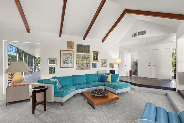 Interior, Living room, Recessed Lighting, Wooden Beams
