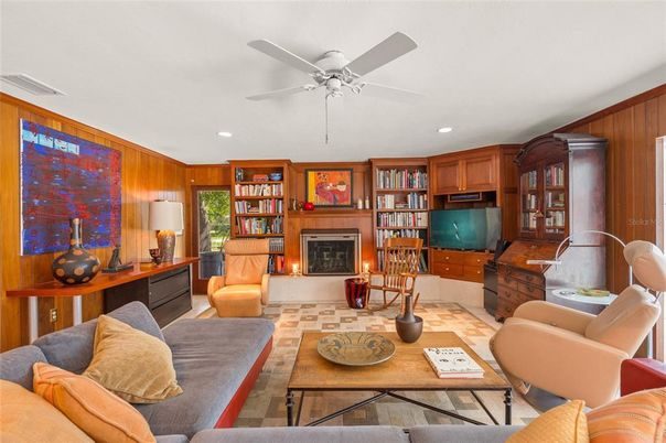Fireplace, Interior, Living room, Recessed Lighting, Wooden Walls
