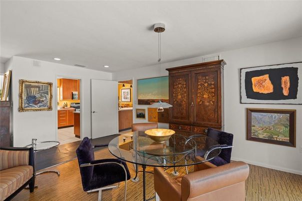 Dining room, Interior, Kitchen, Pendant Lights, Recessed Lighting, Wood Texture Flooring
