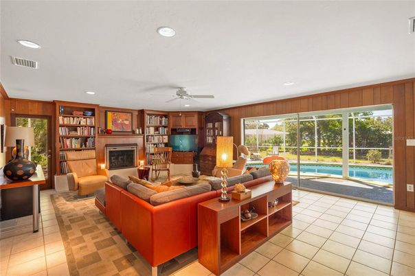 Fireplace, Interior, Living room, Recessed Lighting, Wooden Walls