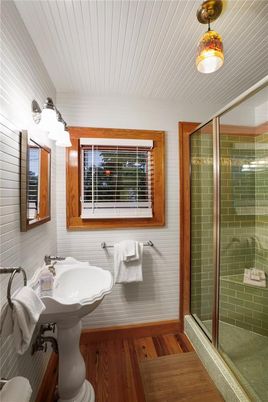 Bathroom, Glass Shower, Interior, Wood Texture Flooring