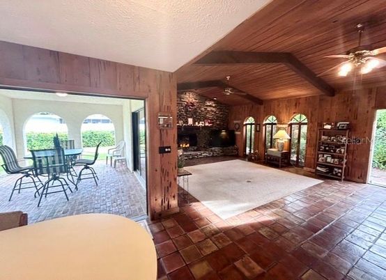 Dining room, Fireplace, Interior, Wooden Beams, Wooden Ceilings, Wooden Walls