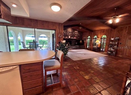 Dining room, Fireplace, Interior, Stone Walls, Wooden Ceilings, Wooden Walls