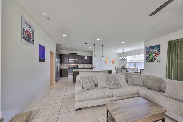 Dining room, Interior, Kitchen, Living room, Pendant Lights, Recessed Lighting, Stainless Steel Appliances