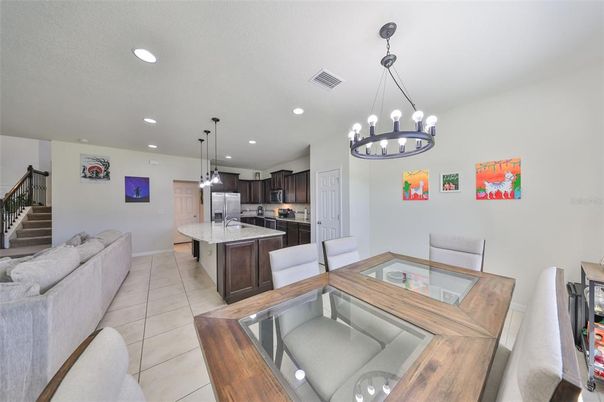 Chandelier, Dining room, Interior, Kitchen, Pendant Lights, Recessed Lighting, Stainless Steel Appliances