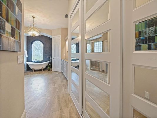 Bathroom, Chandelier, Free Standing Baths, Interior, Pendant Lights