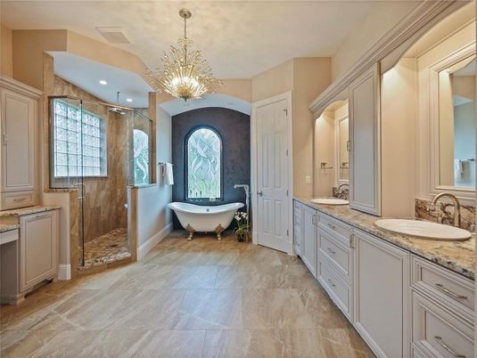 Bathroom, Dual Sink Vanities, Free Standing Baths, Interior, Pendant Lights, Recessed Lighting