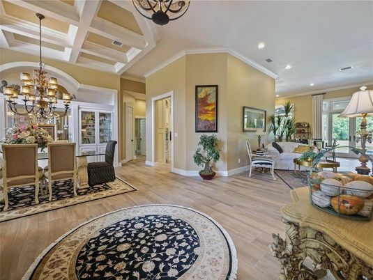 Chandelier, Dining room, Interior, Living room, Recessed Lighting, Wood Texture Flooring