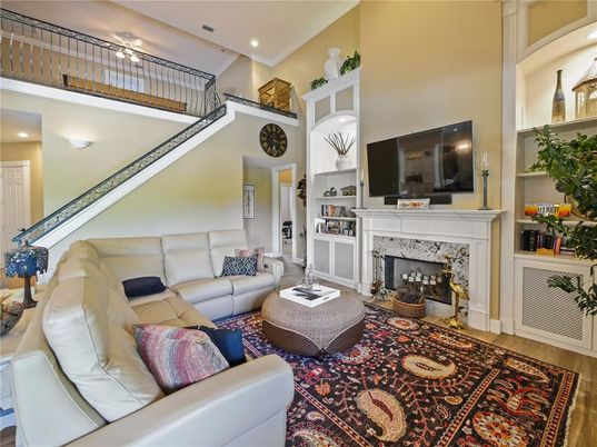 Fireplace, Interior, Living room, Recessed Lighting, Wood Texture Flooring
